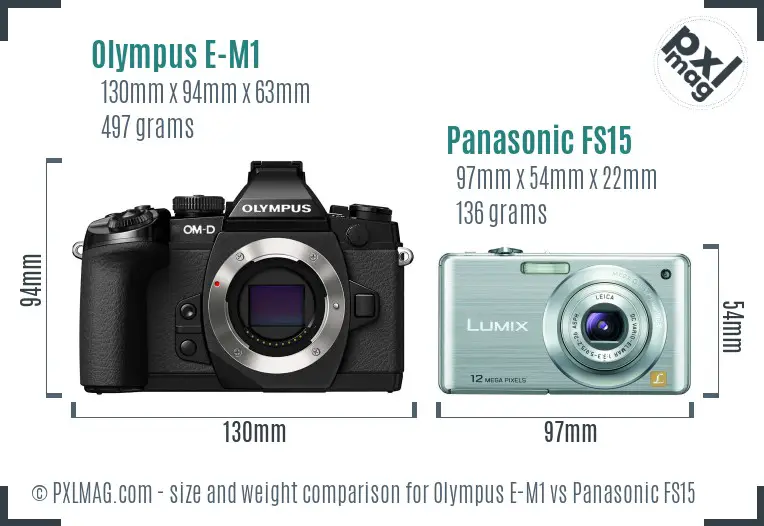 Olympus E-M1 vs Panasonic FS15 size comparison