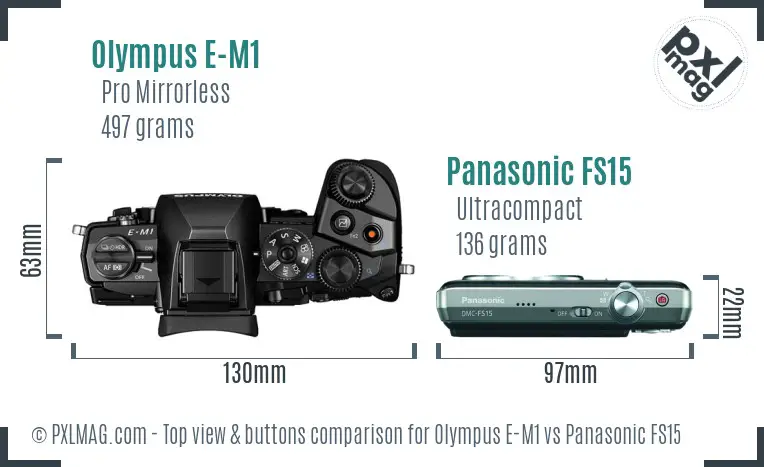 Olympus E-M1 vs Panasonic FS15 top view buttons comparison