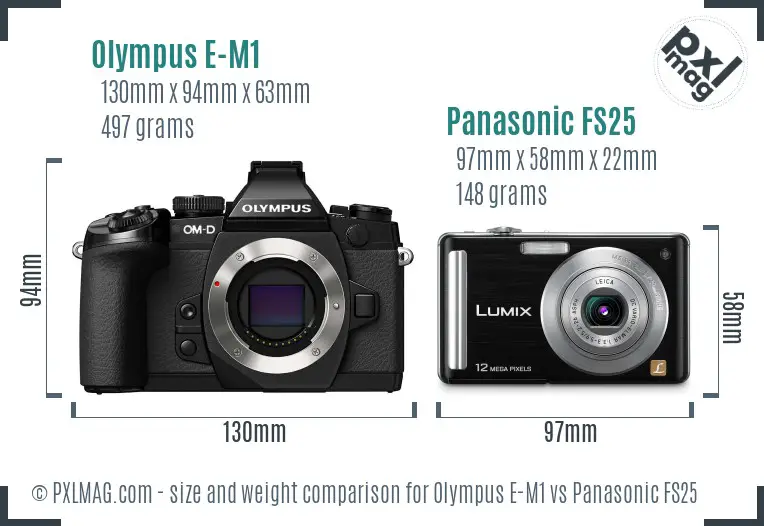Olympus E-M1 vs Panasonic FS25 size comparison