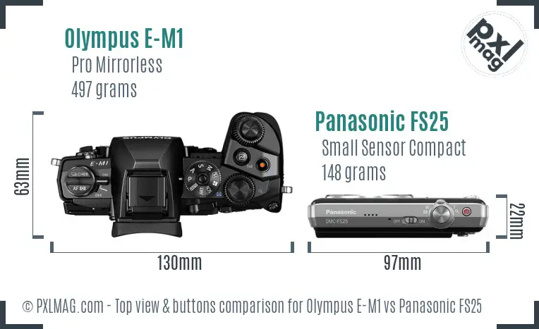 Olympus E-M1 vs Panasonic FS25 top view buttons comparison