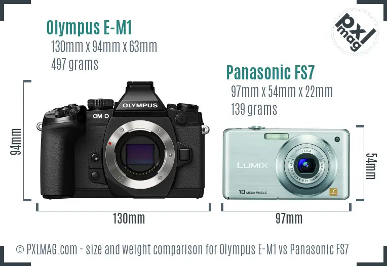 Olympus E-M1 vs Panasonic FS7 size comparison