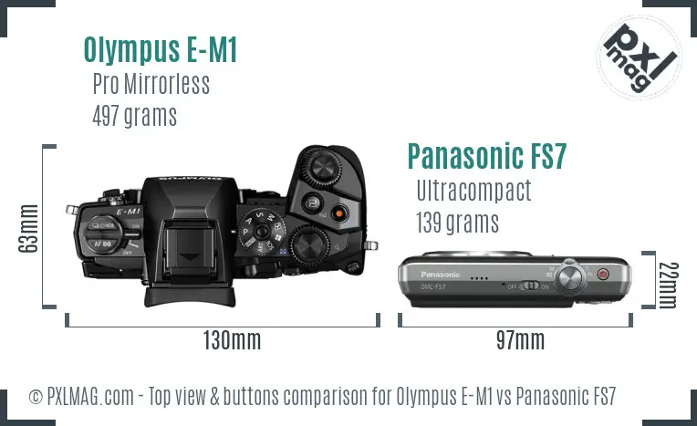 Olympus E-M1 vs Panasonic FS7 top view buttons comparison