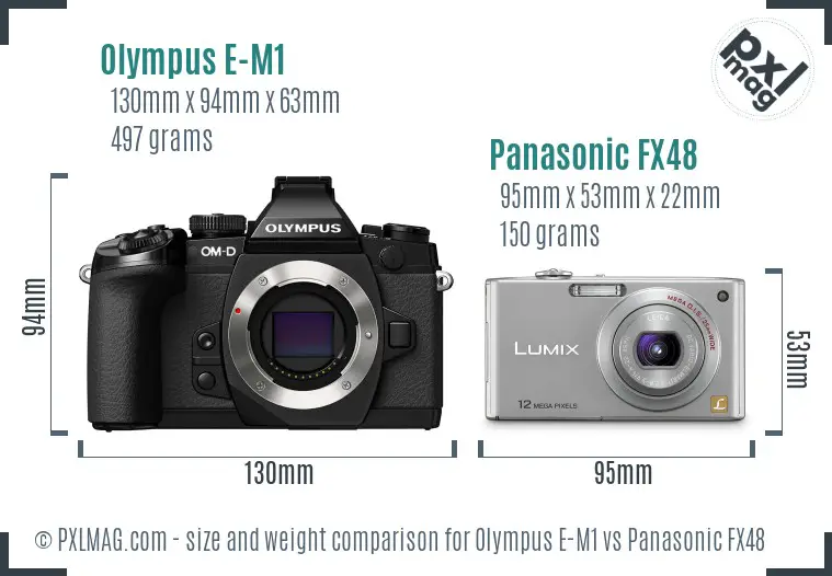 Olympus E-M1 vs Panasonic FX48 size comparison