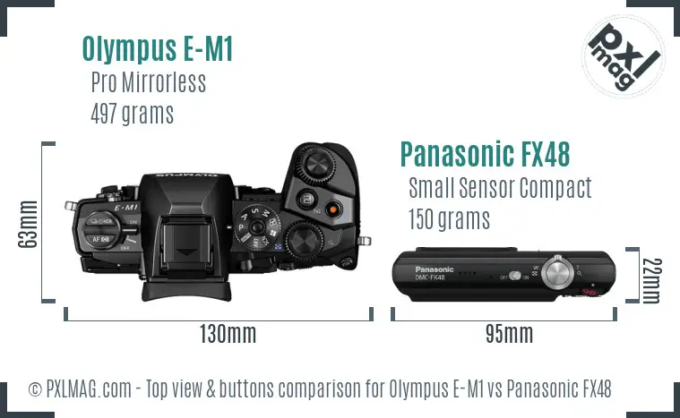 Olympus E-M1 vs Panasonic FX48 top view buttons comparison