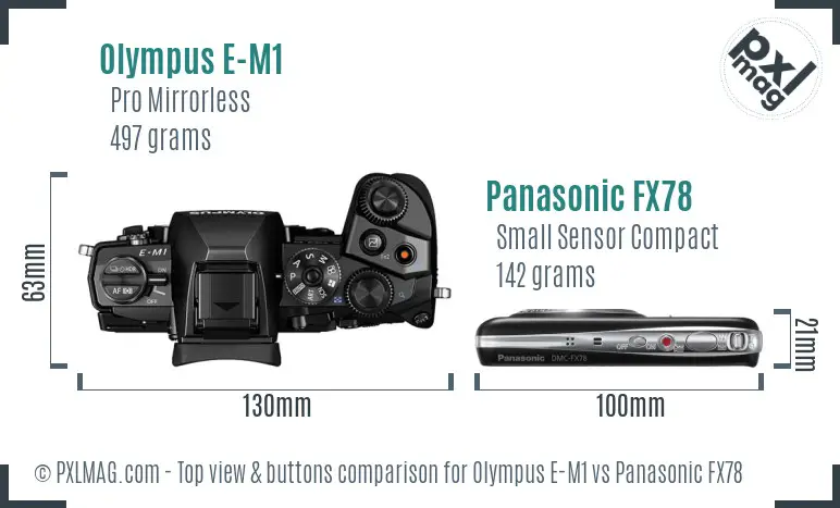 Olympus E-M1 vs Panasonic FX78 top view buttons comparison