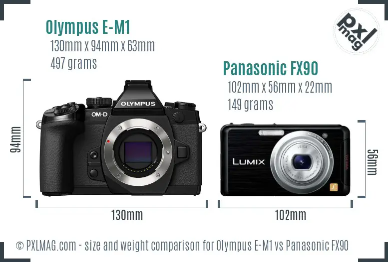 Olympus E-M1 vs Panasonic FX90 size comparison