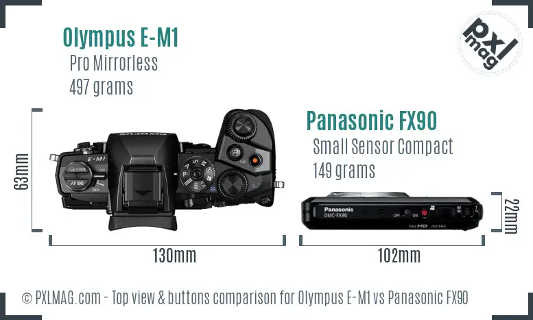 Olympus E-M1 vs Panasonic FX90 top view buttons comparison