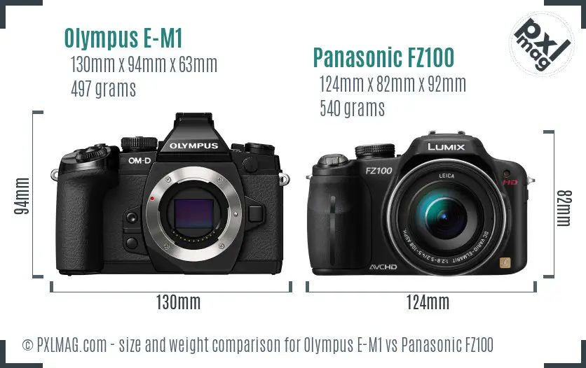 Olympus E-M1 vs Panasonic FZ100 size comparison