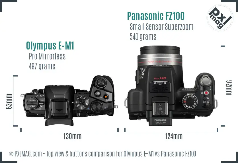 Olympus E-M1 vs Panasonic FZ100 top view buttons comparison