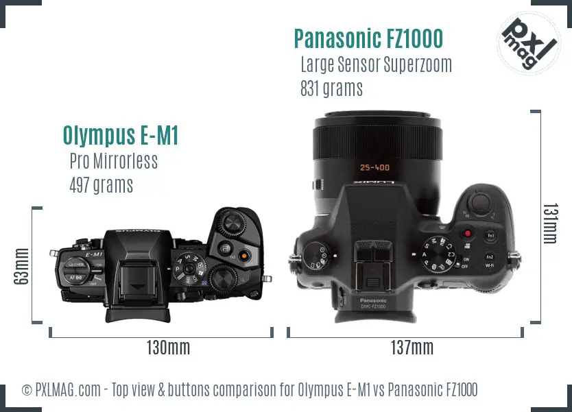 Olympus E-M1 vs Panasonic FZ1000 top view buttons comparison