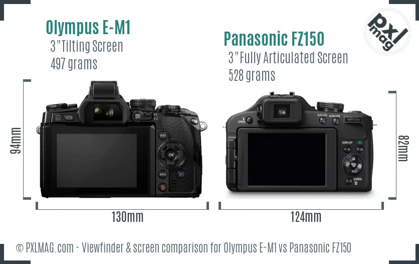 Olympus E-M1 vs Panasonic FZ150 Screen and Viewfinder comparison