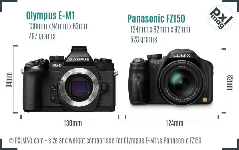 Olympus E-M1 vs Panasonic FZ150 size comparison