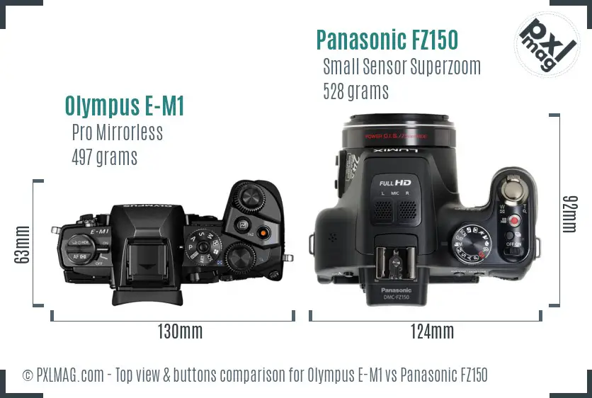Olympus E-M1 vs Panasonic FZ150 top view buttons comparison