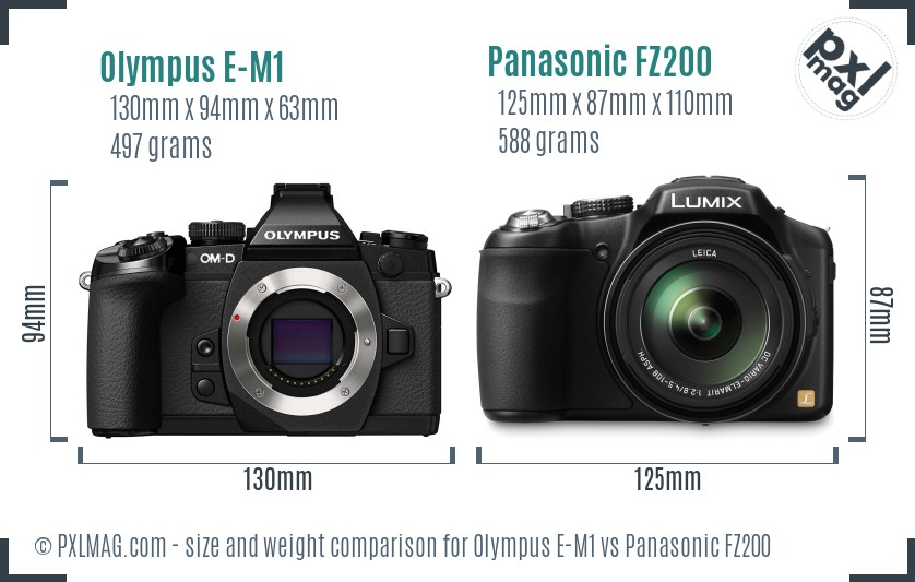 Olympus E-M1 vs Panasonic FZ200 size comparison