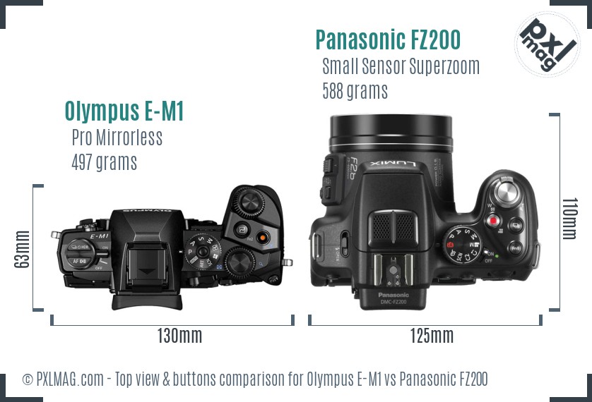 Olympus E-M1 vs Panasonic FZ200 top view buttons comparison