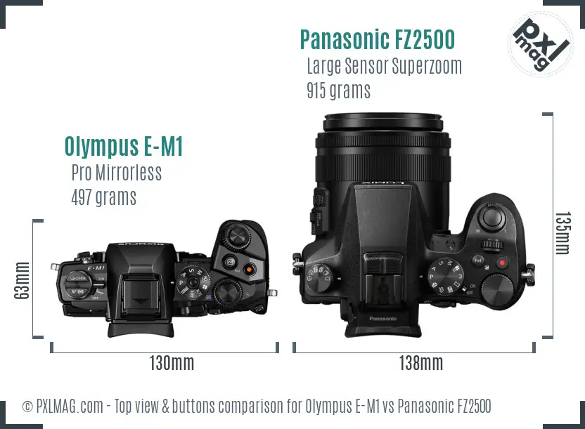 Olympus E-M1 vs Panasonic FZ2500 top view buttons comparison