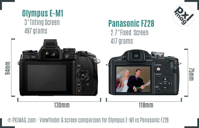 Olympus E-M1 vs Panasonic FZ28 Screen and Viewfinder comparison