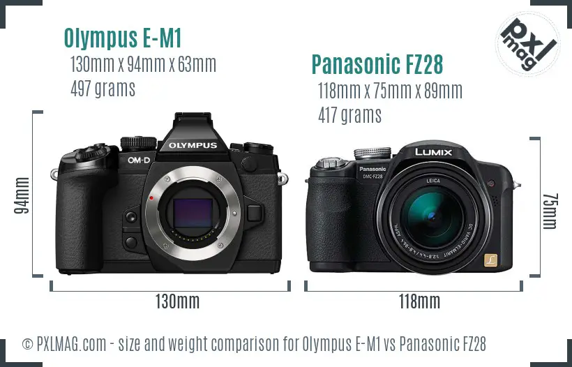 Olympus E-M1 vs Panasonic FZ28 size comparison