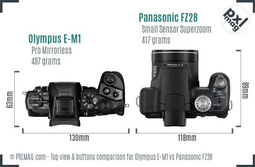 Olympus E-M1 vs Panasonic FZ28 top view buttons comparison