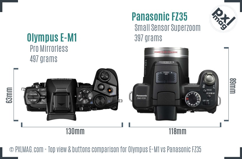 Olympus E-M1 vs Panasonic FZ35 top view buttons comparison