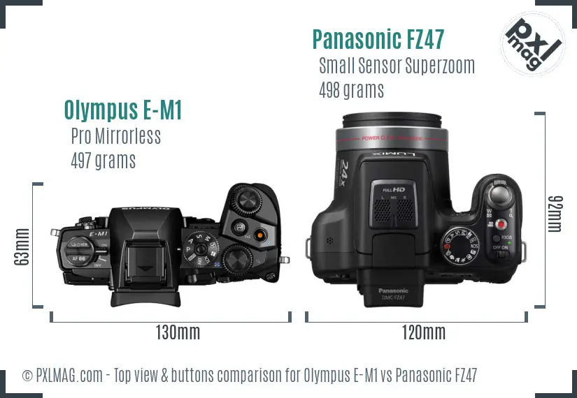 Olympus E-M1 vs Panasonic FZ47 top view buttons comparison