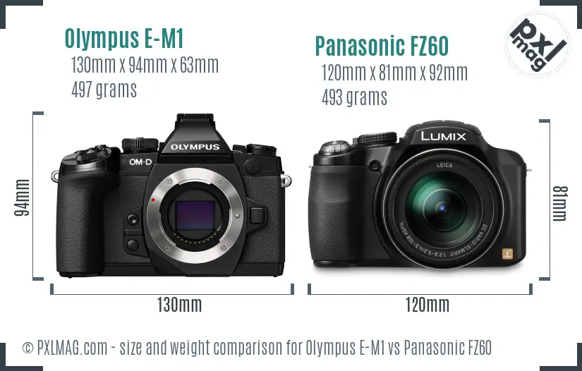 Olympus E-M1 vs Panasonic FZ60 size comparison