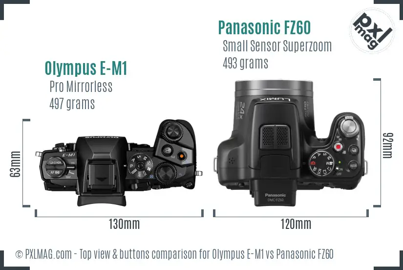 Olympus E-M1 vs Panasonic FZ60 top view buttons comparison