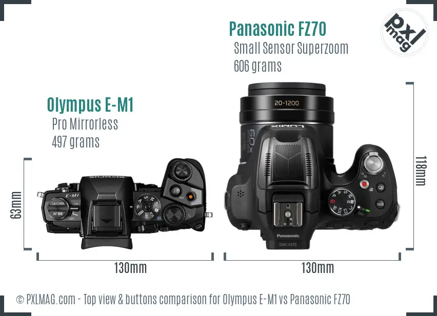 Olympus E-M1 vs Panasonic FZ70 top view buttons comparison