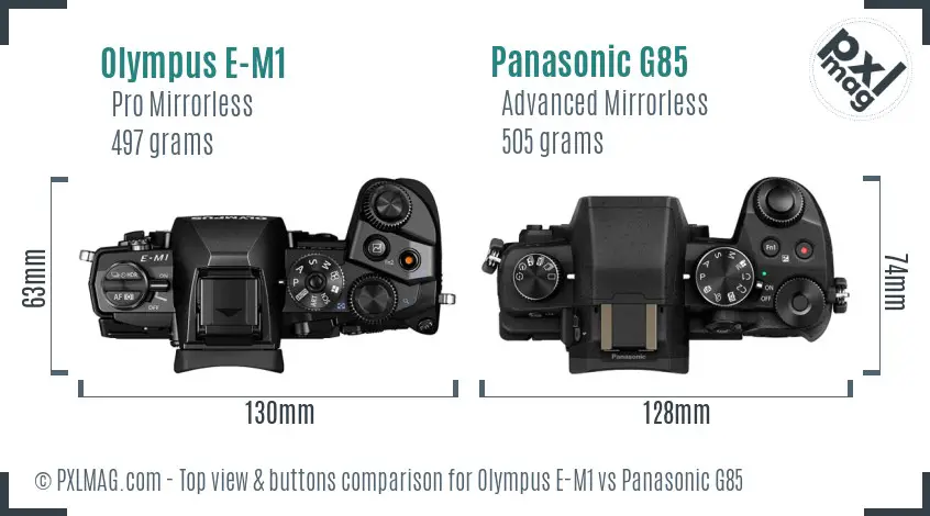Olympus E-M1 vs Panasonic G85 top view buttons comparison