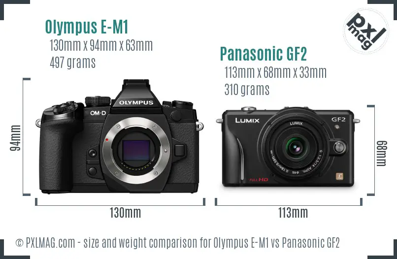 Olympus E-M1 vs Panasonic GF2 size comparison