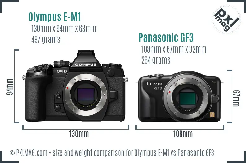 Olympus E-M1 vs Panasonic GF3 size comparison