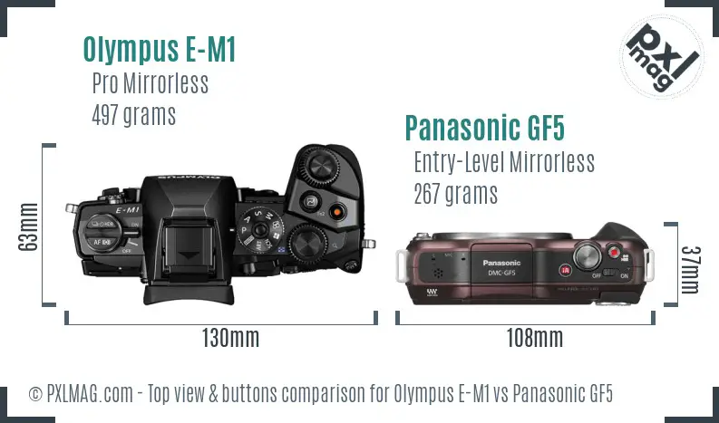 Olympus E-M1 vs Panasonic GF5 top view buttons comparison