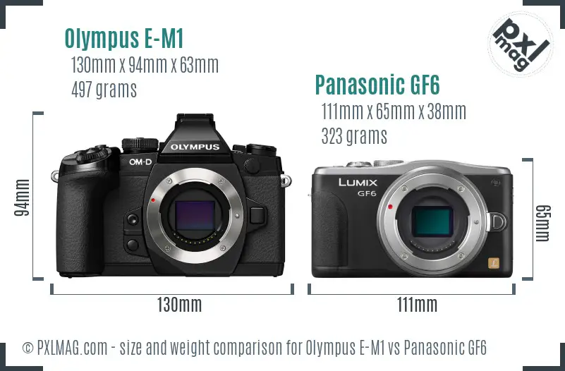 Olympus E-M1 vs Panasonic GF6 size comparison