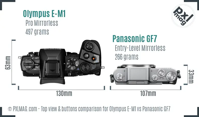 Olympus E-M1 vs Panasonic GF7 top view buttons comparison