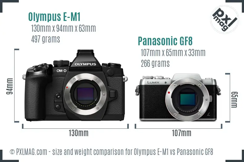 Olympus E-M1 vs Panasonic GF8 size comparison