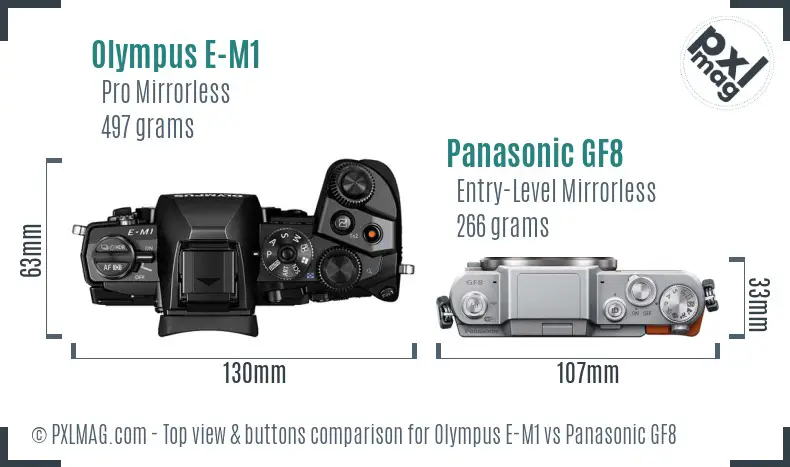 Olympus E-M1 vs Panasonic GF8 top view buttons comparison