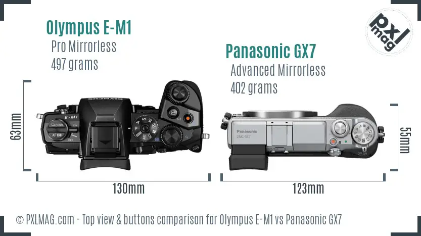 Olympus E-M1 vs Panasonic GX7 top view buttons comparison Olympus E-M1 vs Panasonic GX7 top view buttons comparison