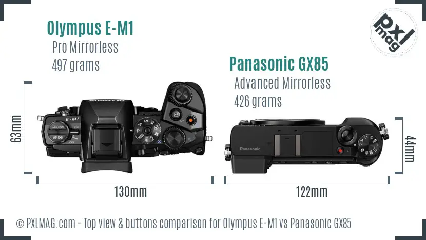 Olympus E-M1 vs Panasonic GX85 top view buttons comparison
