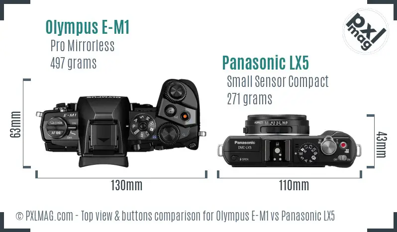 Olympus E-M1 vs Panasonic LX5 top view buttons comparison