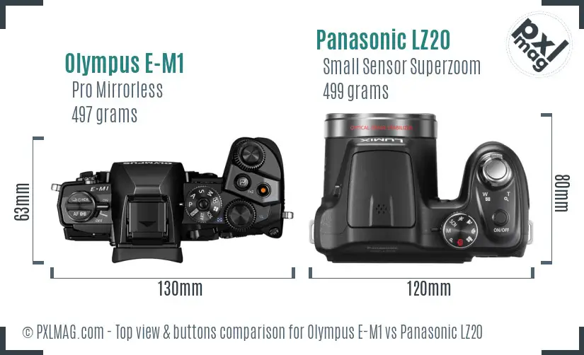 Olympus E-M1 vs Panasonic LZ20 top view buttons comparison
