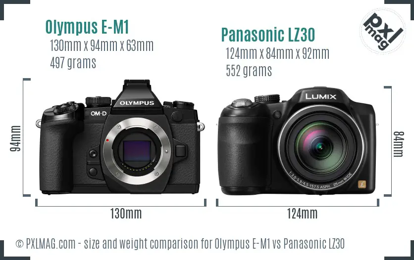 Olympus E-M1 vs Panasonic LZ30 size comparison Olympus E-M1 vs Panasonic LZ30 size comparison