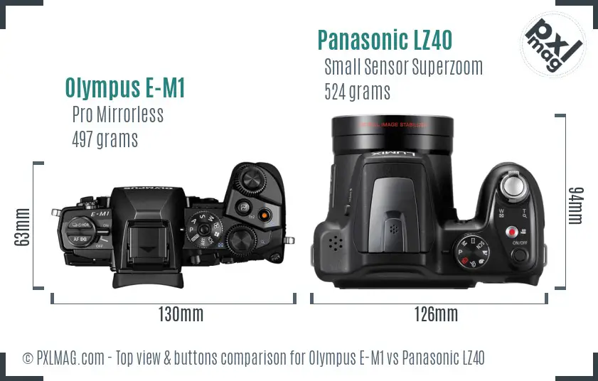 Olympus E-M1 vs Panasonic LZ40 top view buttons comparison