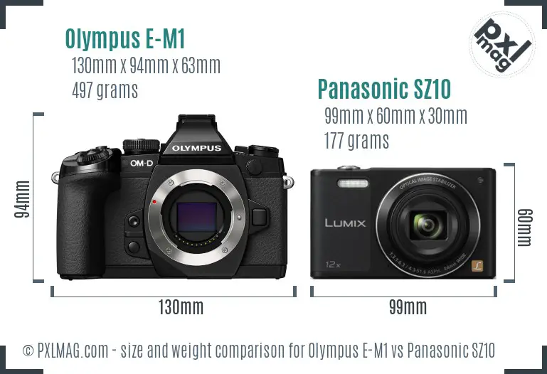 Olympus E-M1 vs Panasonic SZ10 size comparison