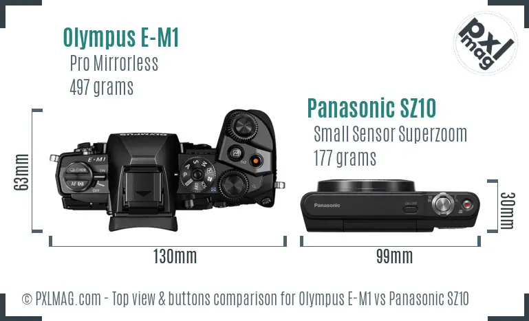 Olympus E-M1 vs Panasonic SZ10 top view buttons comparison