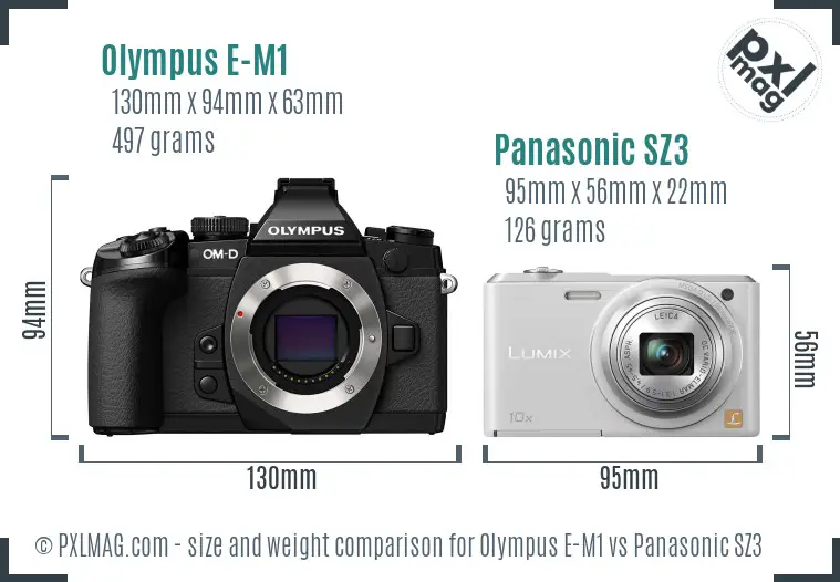 Olympus E-M1 vs Panasonic SZ3 size comparison