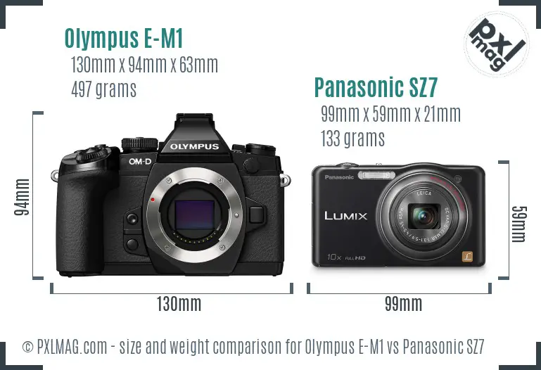 Olympus E-M1 vs Panasonic SZ7 size comparison