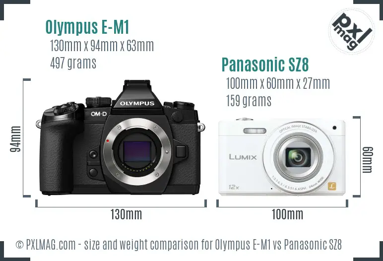 Olympus E-M1 vs Panasonic SZ8 size comparison