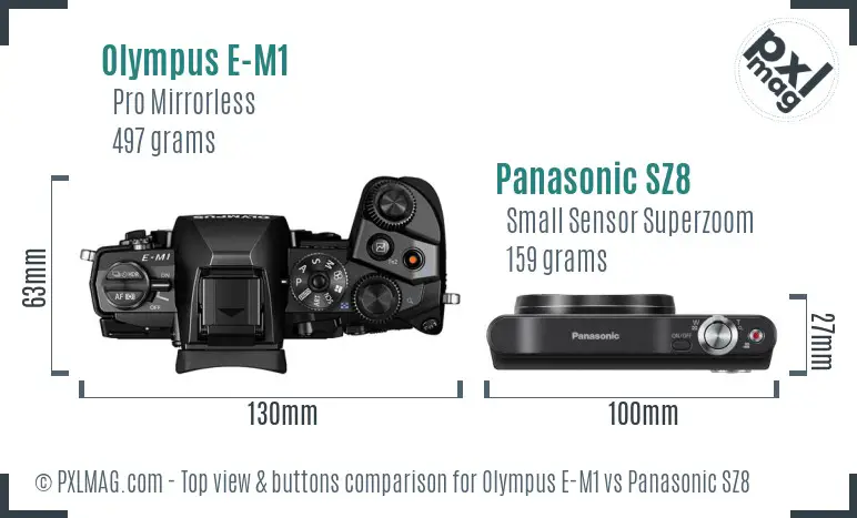Olympus E-M1 vs Panasonic SZ8 top view buttons comparison