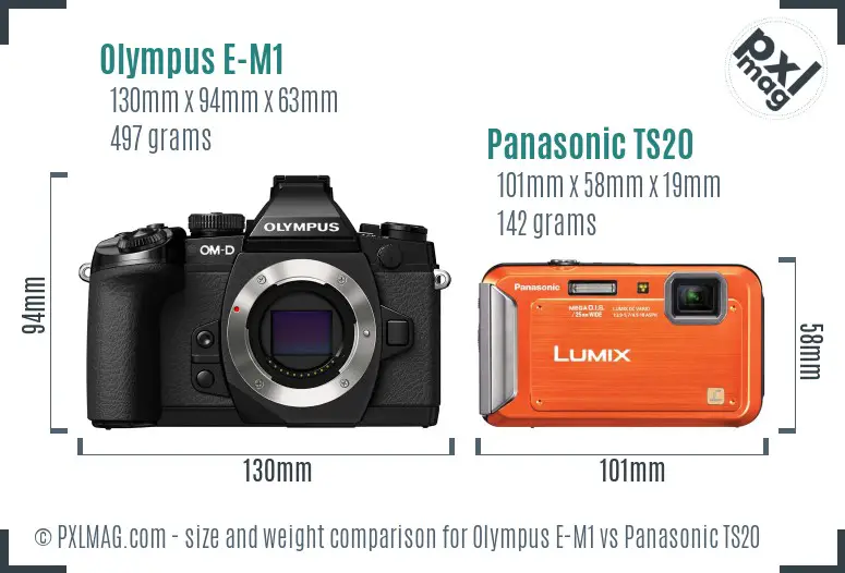 Olympus E-M1 vs Panasonic TS20 size comparison Olympus E-M1 vs Panasonic TS20 size comparison