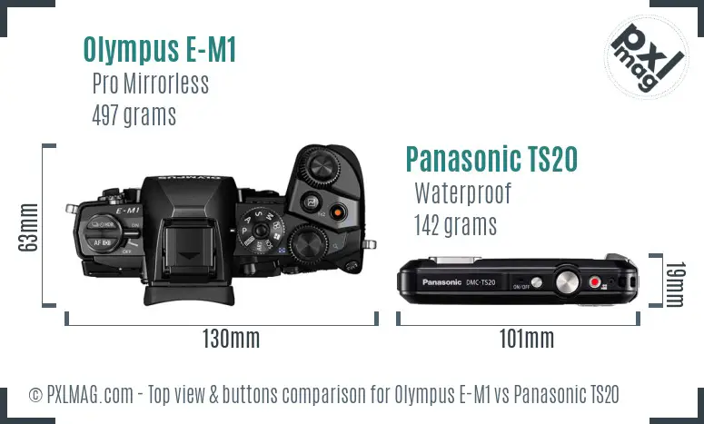 Olympus E-M1 vs Panasonic TS20 top view buttons comparison Olympus E-M1 vs Panasonic TS20 top view buttons comparison